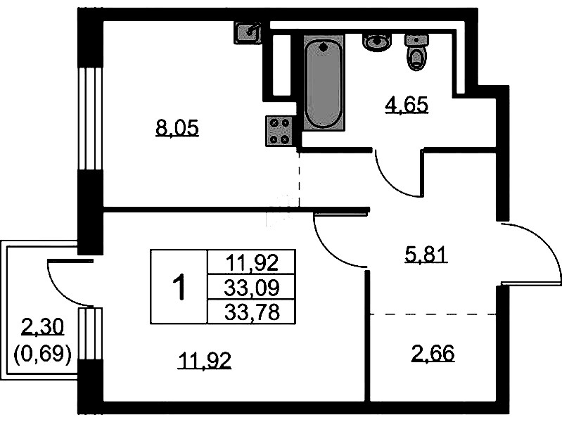 1-комнатная квартира 33.78 м², 6/9 эт., ЖК «Квартал Лаголово»